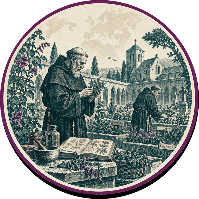 Illustration of monks tending a monastery physic garden