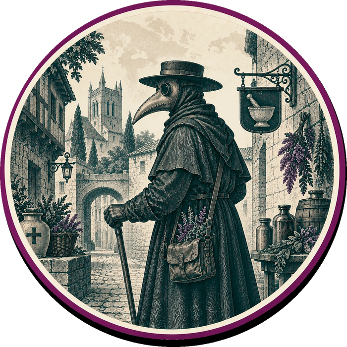 Illustration of a plague doctor in a medieval town