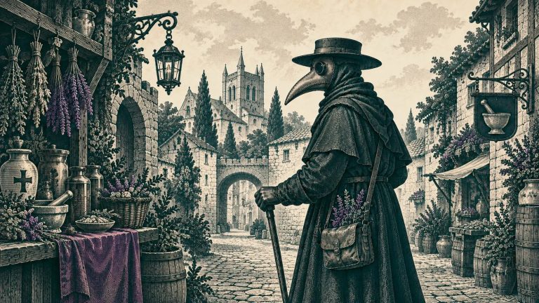 An illustration of a plague doctor in a medieval town, wearing the beaked mask and carrying a cane.