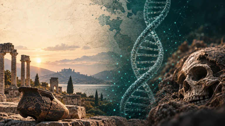 A composite image showing classical ruins at sunset blending into a glowing DNA double helix over a network diagram, beside an excavated skull in situ.