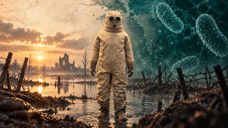 A figure in a heavy protective suit with a hooded mask and round viewing ports, standing in flooded, war-torn ground at dusk with a ruined church in the distance and translucent bacteria illustrated over the sky.