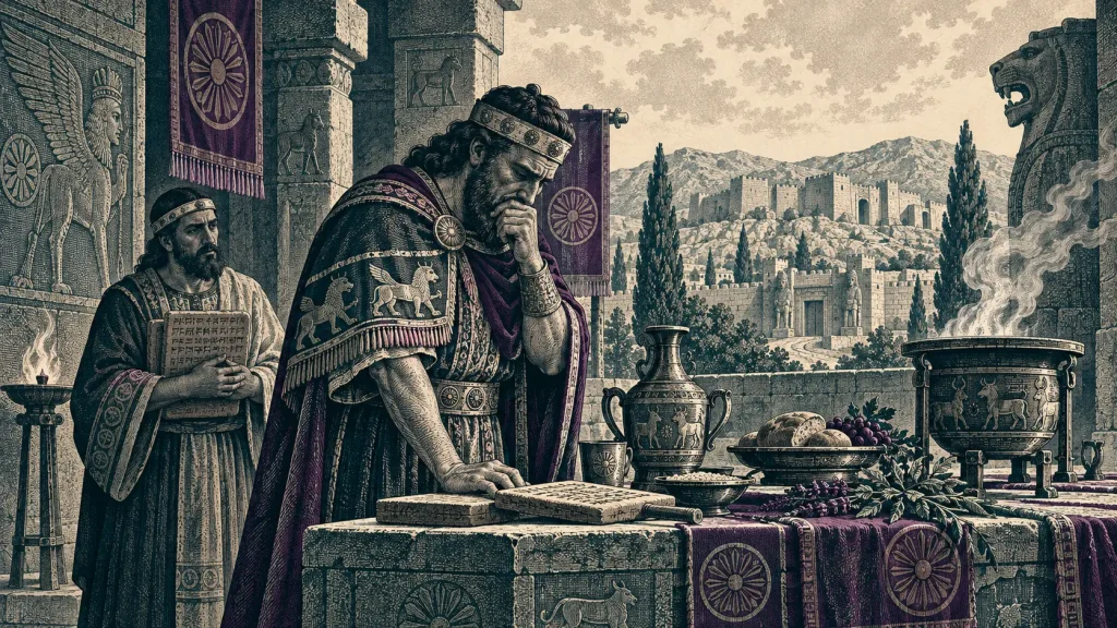 An illustration of a Hittite king reading a clay tablet at an altar, with a scribe beside him and the walled city of Hattusa in the background.