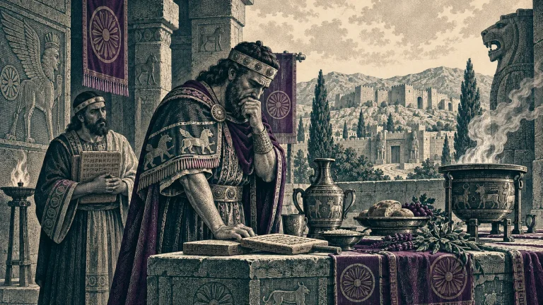 An illustration of a Hittite king reading a clay tablet at an altar, with a scribe beside him and the walled city of Hattusa in the background.