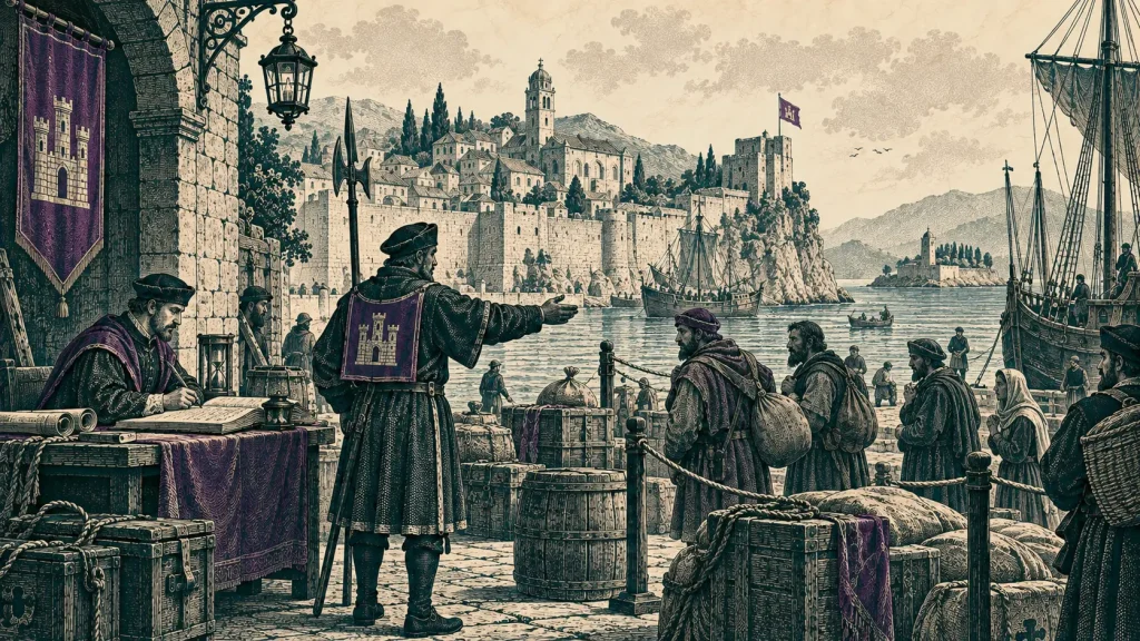 An illustration of a harbour official at Ragusa recording arrivals at a desk, with a guard holding back travellers and merchants at a rope barrier, ships and the walled city in the background.