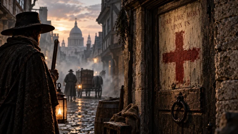 A cloaked watchman holding a lantern beside a door marked with a red cross and the words Lord Have Mercy Upon Us, a cobbled London street and St Paul's dome behind him.